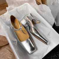 Women's Silver Low Top Chunky Heel Mary Jane Shoes