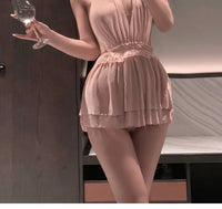 Deep V Halter Nightdress Backless Design See-through Double-layer Mesh
