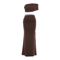 Sexy Pleated Midriff-Baring Tank Top And Skirt Set