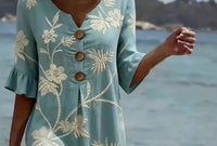 Resort Style V Neck Printed Loose Fitting Mid Sleeve Dress