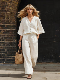 Womens Simple Button-Up Top And Wide-Leg Pants Linen Two-Piece Set