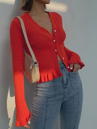 Women's V-neck Flounce Knitted Cardigan Sweater