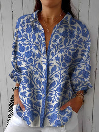 Womens Casual Long Floral-print Top