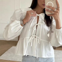 Stylish Work-appropriate White Lace-up Shirt Crafted From Premium Cotton Fabric