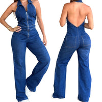 Sleeveless Fashionable Retro Backless Denim Jumpsuit For Women