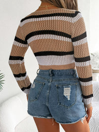 Hollow-out Color-block Striped Lace-up Long-sleeve Cropped Knit Cardigan Sun Protection Shirt