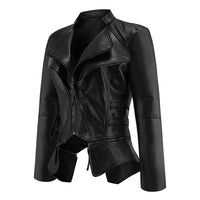 PU Leather Zippered Patchwork Jacket Coats