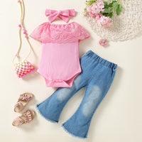 Girls' summer ruffled romper denim flare pants set