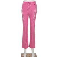 Women's High Waist Hollow-out Strap Straight Ankle Tied Leather Pants