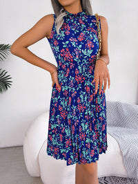 Women  Elegant Ruffle Trim Floral Print Tie Waist Pleated Dress