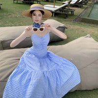 Neck-hanging Strap Summer Blue Plaid Seaside Vacation Beach Maxi Dress
