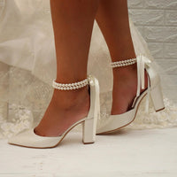 New Spring And Summer Wedding Pointed Women's Chunky Heel Pearl Ribbon Plus Size Shoes