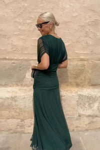 Chiffon Short-sleeved Dress Summer Fashion Print V-neck Long Dress, Women's Clothing