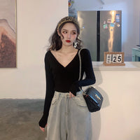 Pleated V-neck Knitted Bottoming Shirt Long Sleeve Sweater
