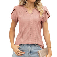 V-neck Buttons Hollow Loose Short Sleeve T-shirt Top Ladies