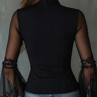 Black Crew-Neck Long-Sleeve Sheer Vintage Zippered Tulle Shirt
