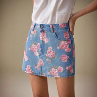 Versatile Casual Floral Fashion Denim Skirt With A Rose Print