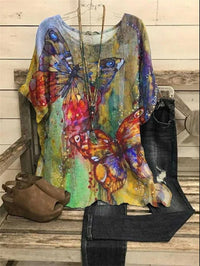 Pattern Printed Loose Short Sleeve Round Neck Shirt