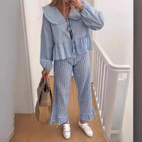 Cross Border Stringy Selvedge Lace-up Doll Collar Shirt Lantern Sleeve Sweet All-matching Top