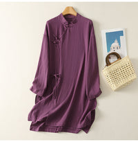 New Chinese-style Slant-Collar Button-Loop Tie Cotton-Linen Shirt For Women