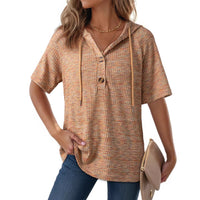 Womens Waffle-Weave Buttoned V-Neck Hoodie With Drawstring