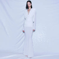 Pure White French Vintage Long Dress Deep V-Neck One-Piece Dress