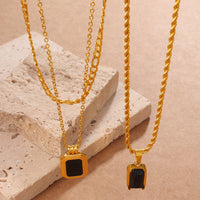 Vintage Stackable Double Layer Oval Black Onyx Pendant Necklace, 18K Gold Plated Square Black Zircon Clavicle Chain