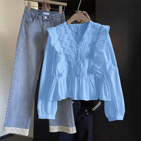 Womens Casual Solid-Color Lace-Patchwork Ruffle-Trim Long-Sleeve Top