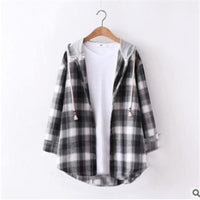 Retro Hong Kong Style Springsummer Autumn Plaid Shirt Women's Loose And Hooded Cardigan Coat