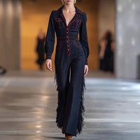 Versatile Long-Sleeve Flared Tassel Jumpsuit