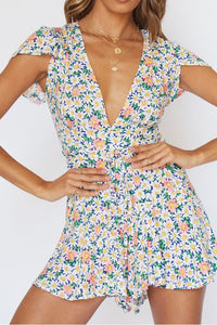 Sexy V-neck Floral Waist Short-sleeved Jumpsuit