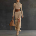 Womens High-neck Ribbed Midi Dress For Spring Autumn And Winter European And American Style