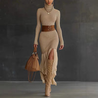 Womens High-neck Ribbed Midi Dress For Spring Autumn And Winter European And American Style