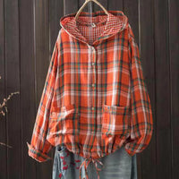 New Korean-style Oversized Artistic Retro Casual Plaid Cotton-linen Double-layer Shirt With A Hood