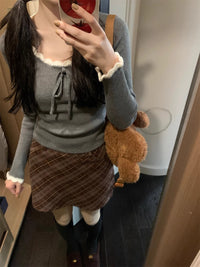 Women's Slim-fit Lace Up Bow U-neck Bottoming Shirt Top