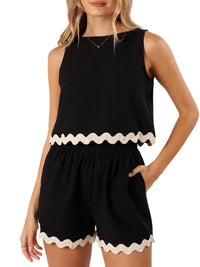 Summer Two-Piece Set Linen Lace-trimmed Crew-neck Tank Top And Short Pants