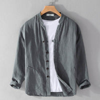 Ramie Long Sleeve Shirt Loose Casual Stand Collar National Style Linen Youth Simplicity