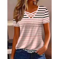 Fashionable V-neck Trendy Printed Cross-strap Striped Short Sleeves