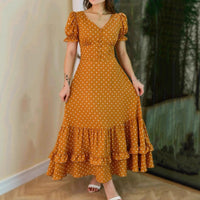 Square Neck Short Sleeve Polka Dot Print Dress