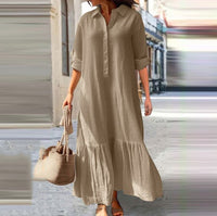 Long Asymmetrical Cotton Linen Dress With A Shirt Collar And Twist Buttons