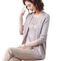 Spring Wear For Moms Fashionable Jacket Thin Knitted Cardigan Two-piece Suit