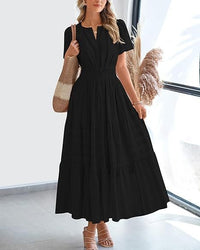 Vneck Pleated Puff Sleeve Layered Maxi Dress For Women