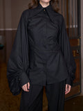 Black Oversized Collar Balloon Sleeve Shirt