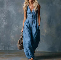 Retro Casual V-Neck Front-Button Sleeveless Jumpsuit For Women