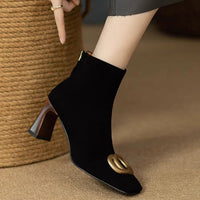 Retro Matte Leather High-Heel Short Boots With Metal Buckle And Side Zipper