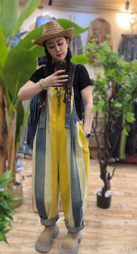 Vintage Stripe Suspender Pants Women's Loose Cotton Denim Jumpsuit
