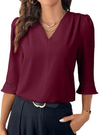 Pleated V-neck Solid-color Three-quarter Flared-sleeve Lacey Loose Blouse