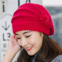 Women's Korean Style Flower Rabbit Fur Hat Thickened Warm Knitted