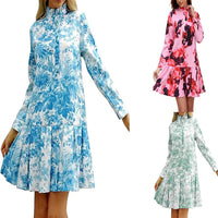 Elegant Floral Ruffled Pleated Long-Sleeve Dress