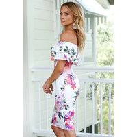 Off-Shoulder Ruffled Hem Printed Slim-Fit Pencil Dress